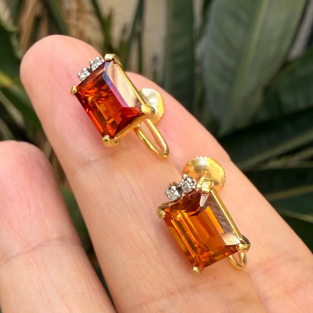 Solid 18K gold Madeira citrine natural diamond screw back earrings - Picture 9 of 12